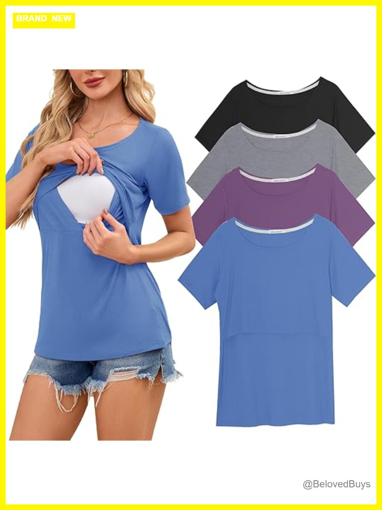 Ribbed Nursing Tops 4 Pack Short Sleeve Breastfeeding Shirts